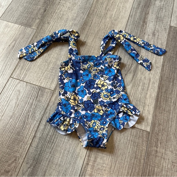 Floral Blue and Yellow Kids One-Piece Swimsuit Blue Floral Tie Strap Skirt 9-12M - Picture 3 of 12